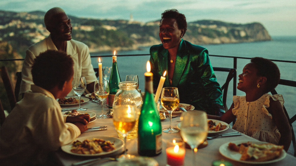 Three generations of a family around a long table on a terrace at dusk.