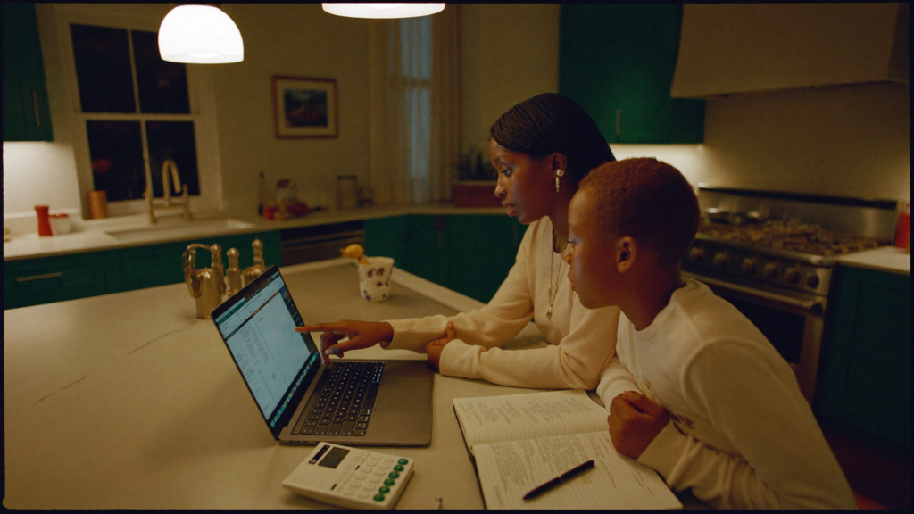 A mother and her teenage son working through numbers at the kitchen island.