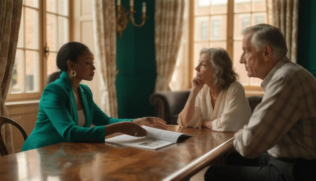 A licensed advisor explaining a policy across a table to an older couple in a warm, unhurried room.