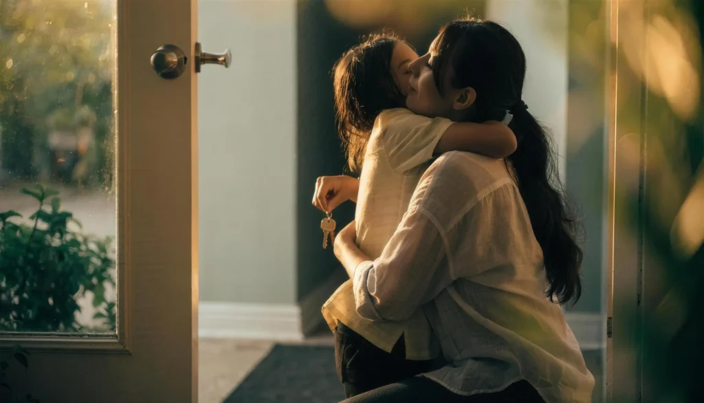 A mother holding her young daughter in the doorway of the home they just bought, keys in hand.